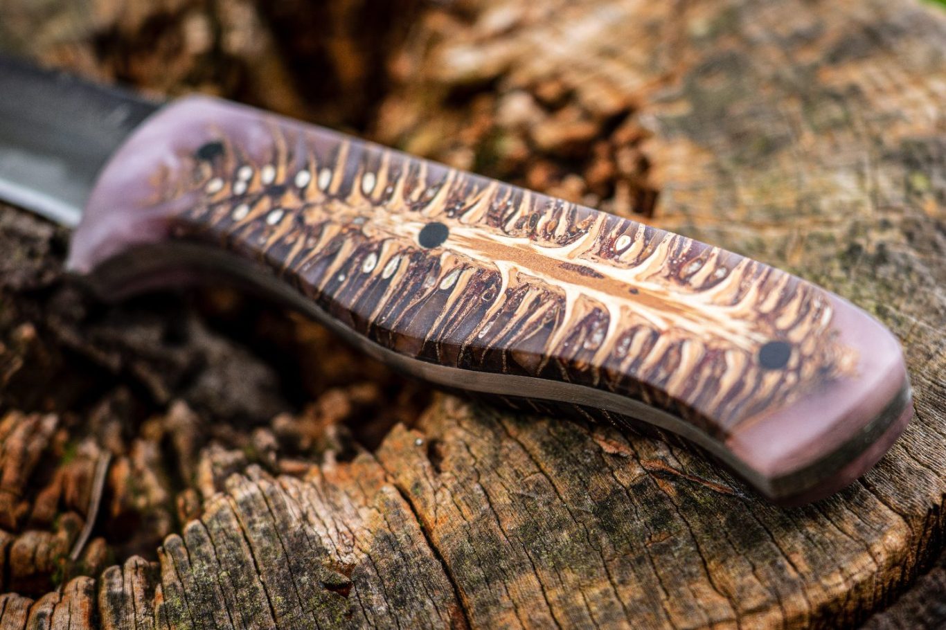 Griff eines Messers mit einzigartigem Tannenzapfen Muster auf einem Baumstumpf.